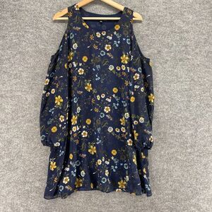 I Joah Dress Women L Large Blue Floral Shift Short Cold Shoulder Long Sleeve